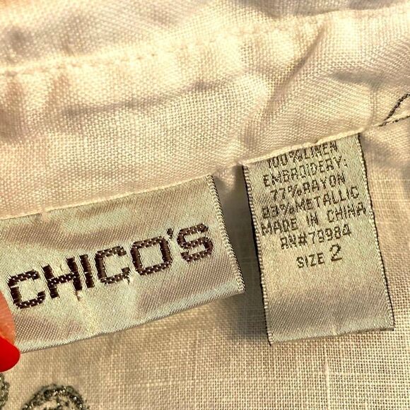 Chicos embroidered linen blouse w/ silver accent beading, silver thread, sparkle - Picture 8 of 9